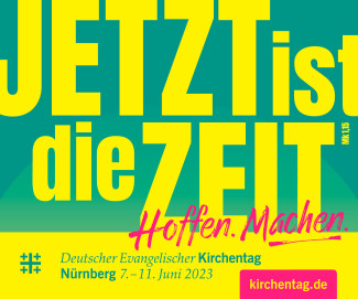 Logo Kirchentag 2023 mit dem Slogan "Jetzt ist die Zeit"